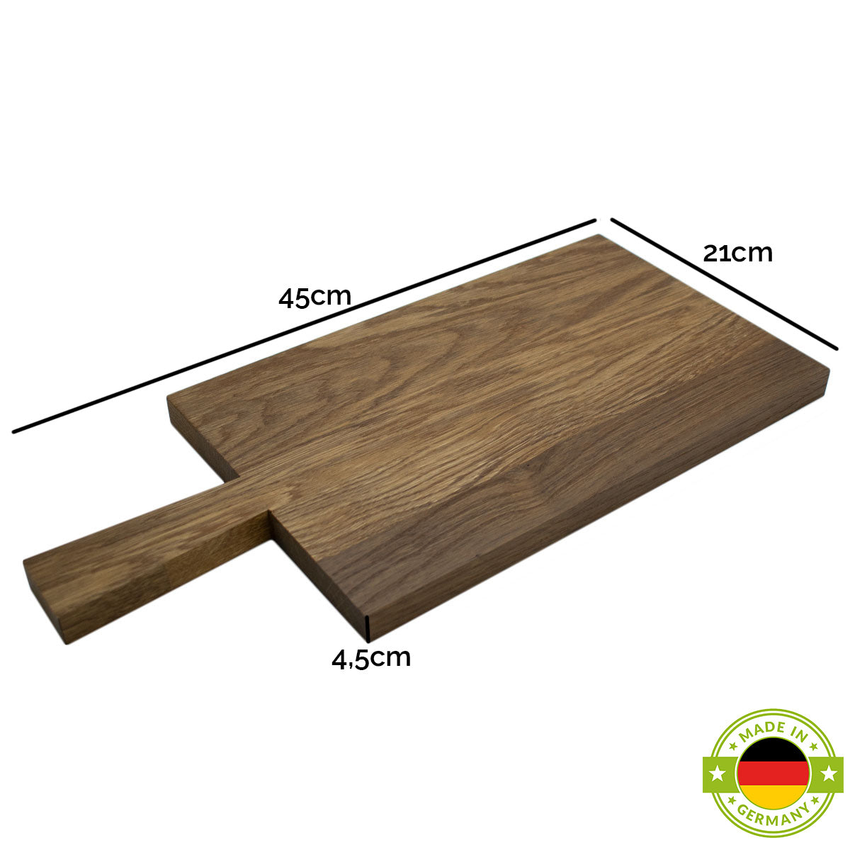 Jausen- und Schneidbrett 'Griffi' | Eiche dunkel geräuchert und natur geölt | L45 x B21 x H4,5 cm | mit Saftrille