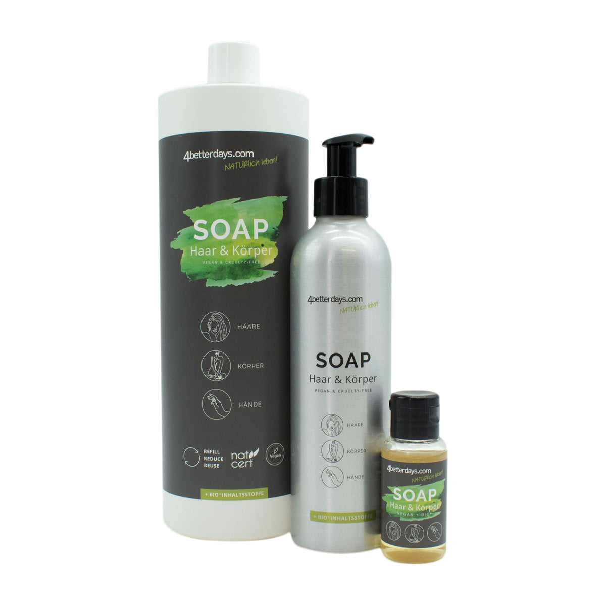 Pflege-Set Seifen | 30 ml + 250 ml + 1 L | 3-teilig | für Körper, Haar & Hand  | Pure Green
