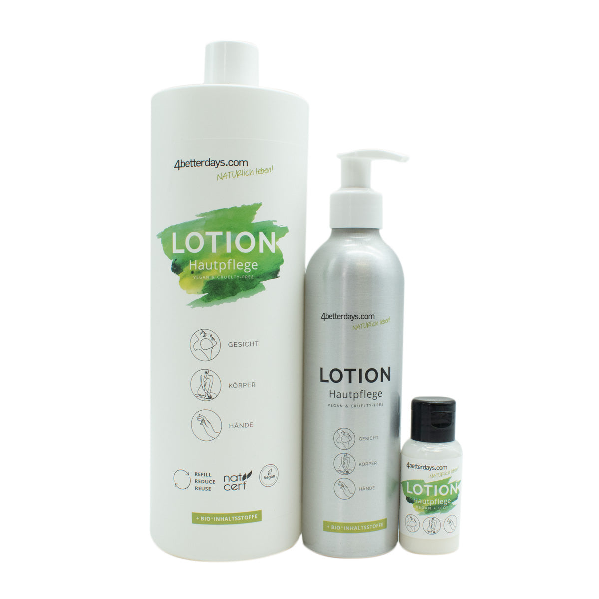 Set  Lotion | 30 ml + 250 ml + 1 L | 3-teilig | für Körper, Gesicht & Hand | Pure Green