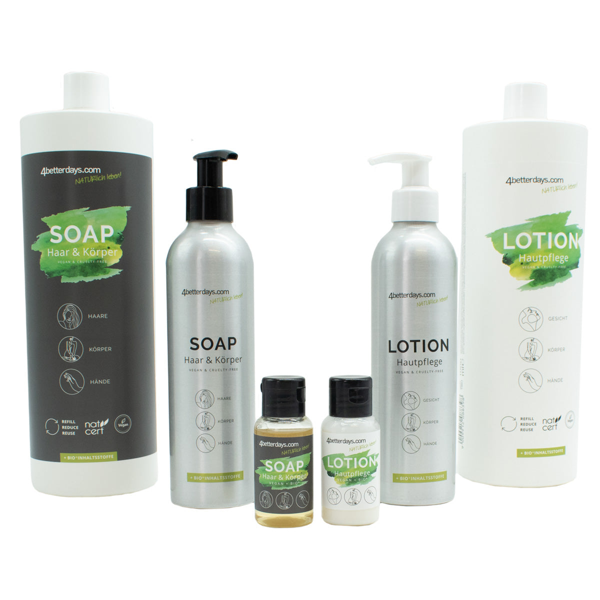 Gesamtkörper Pflege-Set Seife + Lotion | je 30 ml + 250 ml + 1 L  |  6-teilig
