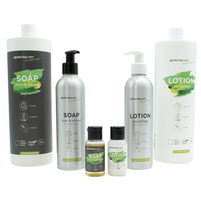 Gesamtkörper Pflege-Set Seife + Lotion | je 30 ml + 250 ml + 1 L  |  6-teilig