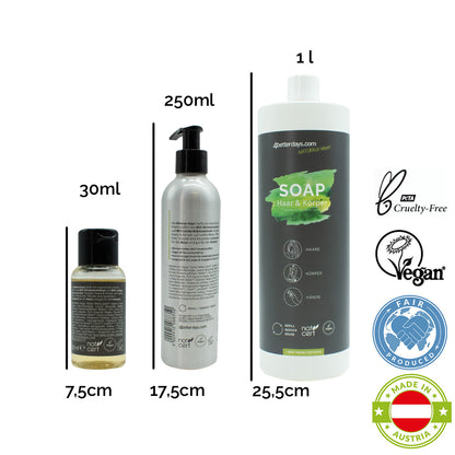 Pflege-Set Seifen | 30 ml + 250 ml + 1 L | 3-teilig | für Körper, Haar & Hand  | Pure Green