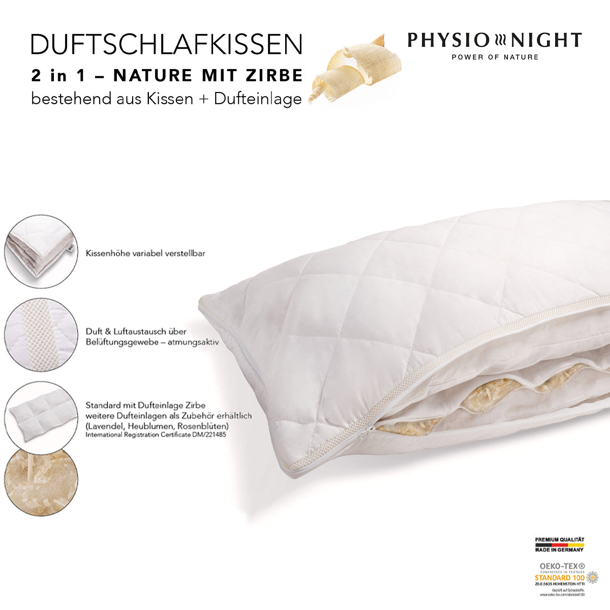 Physionight Duftschlafkissen 2 in 1  Dufteinlage Zirbe und Schurwolle | 40 x 80 cm