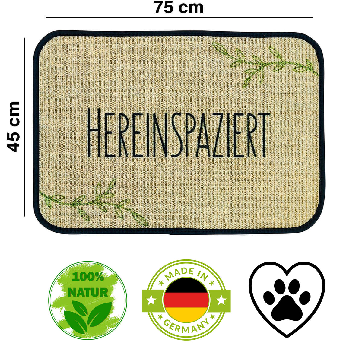 Fußmatte | 'Hereinspaziert' | 45 x 75 cm | Sisal | Naturlatex