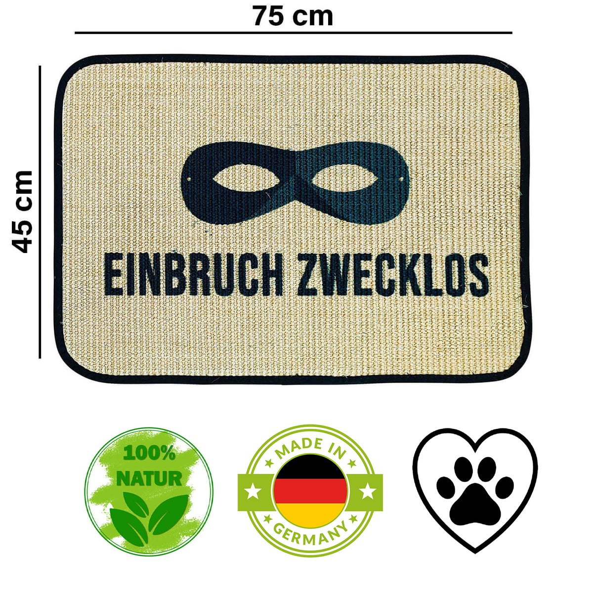 Fußmatte | 'Einbruch zwecklos' | 45 x 75 cm | Sisal | Naturlatex