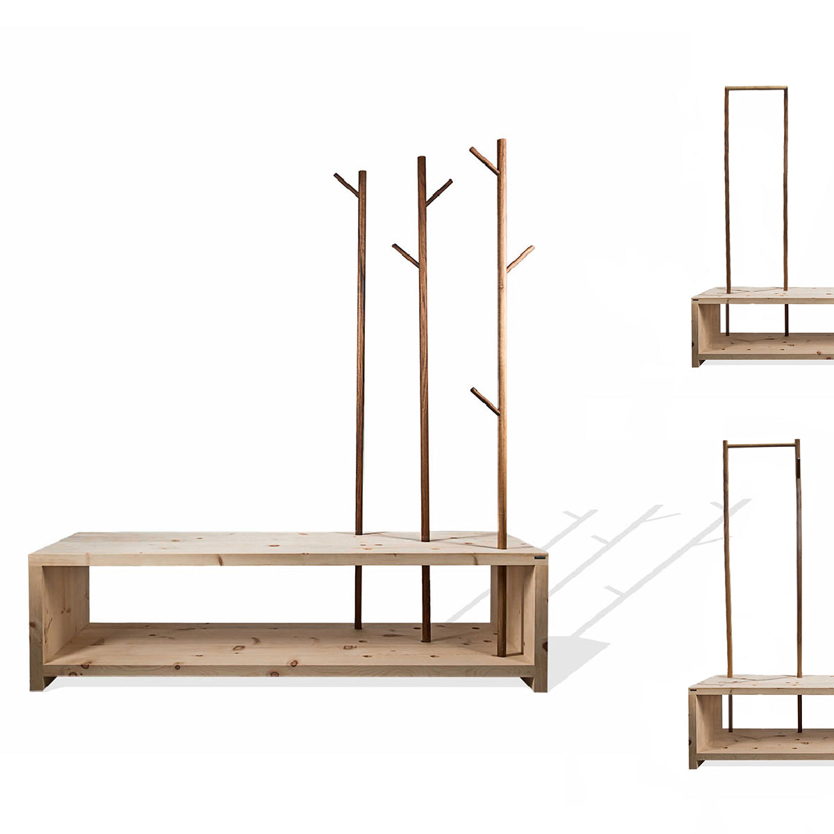 Garderobe 'MyStyle' - Large | L 150 x T 50 x H 45 cm | Fichte |  3 cm |  3 Stangen  verschiedenen Ästen Nuss