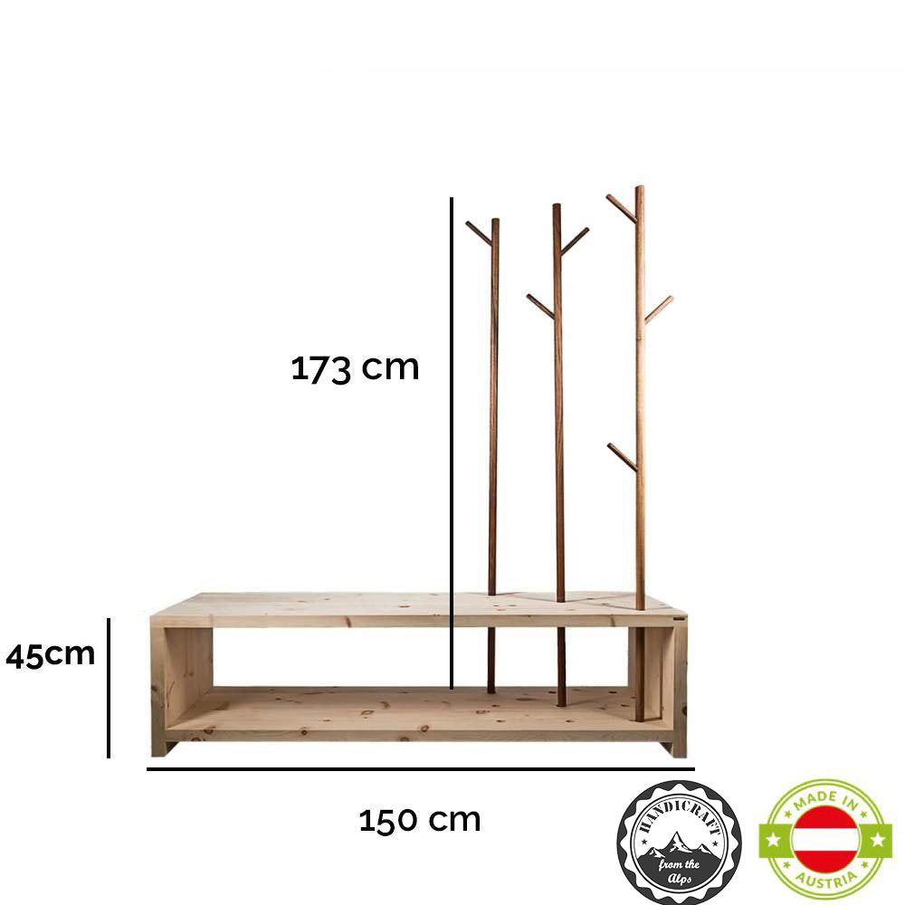 Garderobe 'MyStyle' - Large | L 150 x T 50 x H 45 cm | Fichte |  3 cm |  3 Stangen  verschiedenen Ästen Nuss