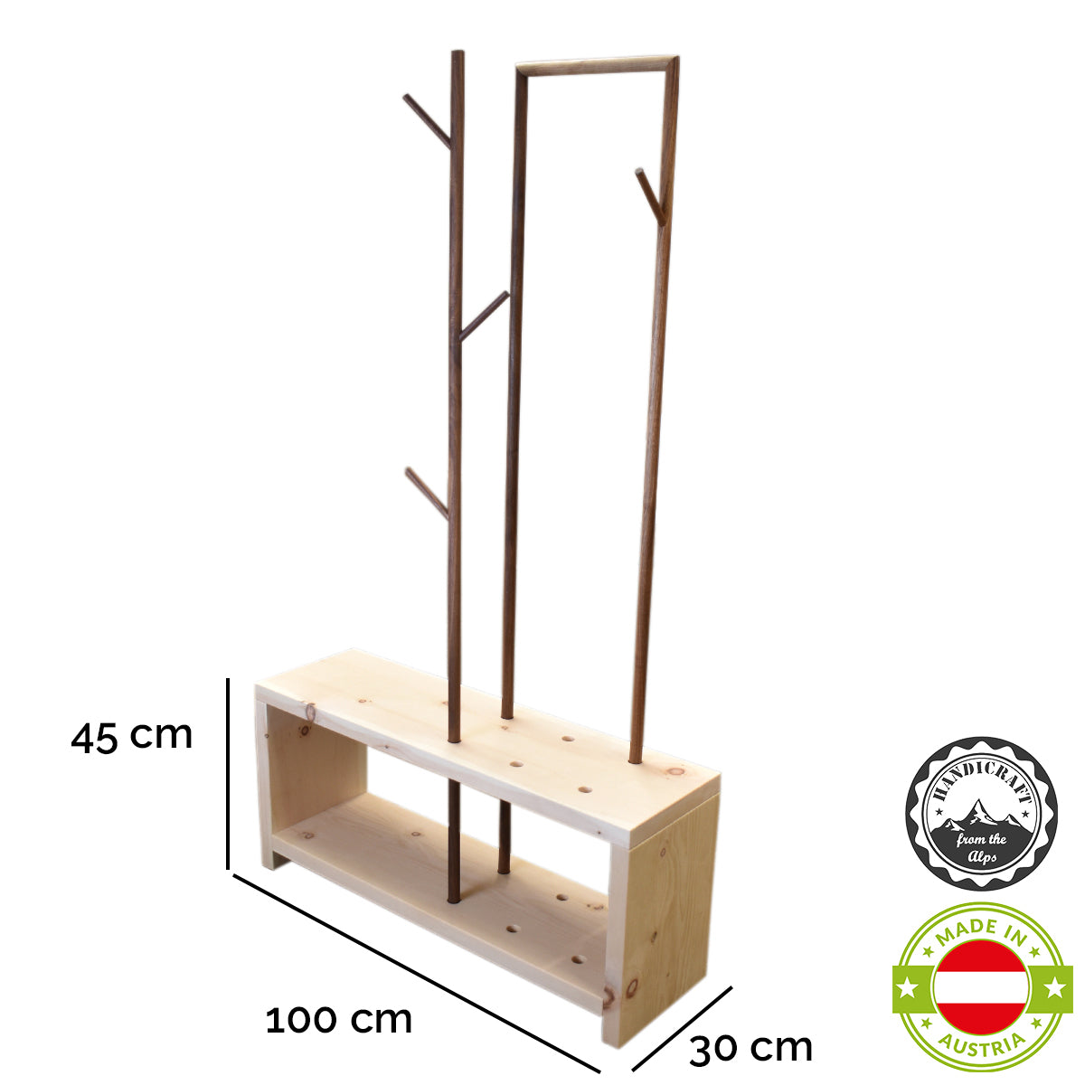 Garderobe 'MyStyle' - Medium | L 100 x T 30 x H 45 cm | Fichte |  3 cm |  3 Stangen  verschiedenen Ästen Nuss