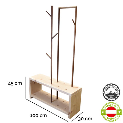 Garderobe 'MyStyle' - Medium | L 100 x T 30 x H 45 cm | Fichte |  3 cm |  3 Stangen  verschiedenen Ästen Nuss
