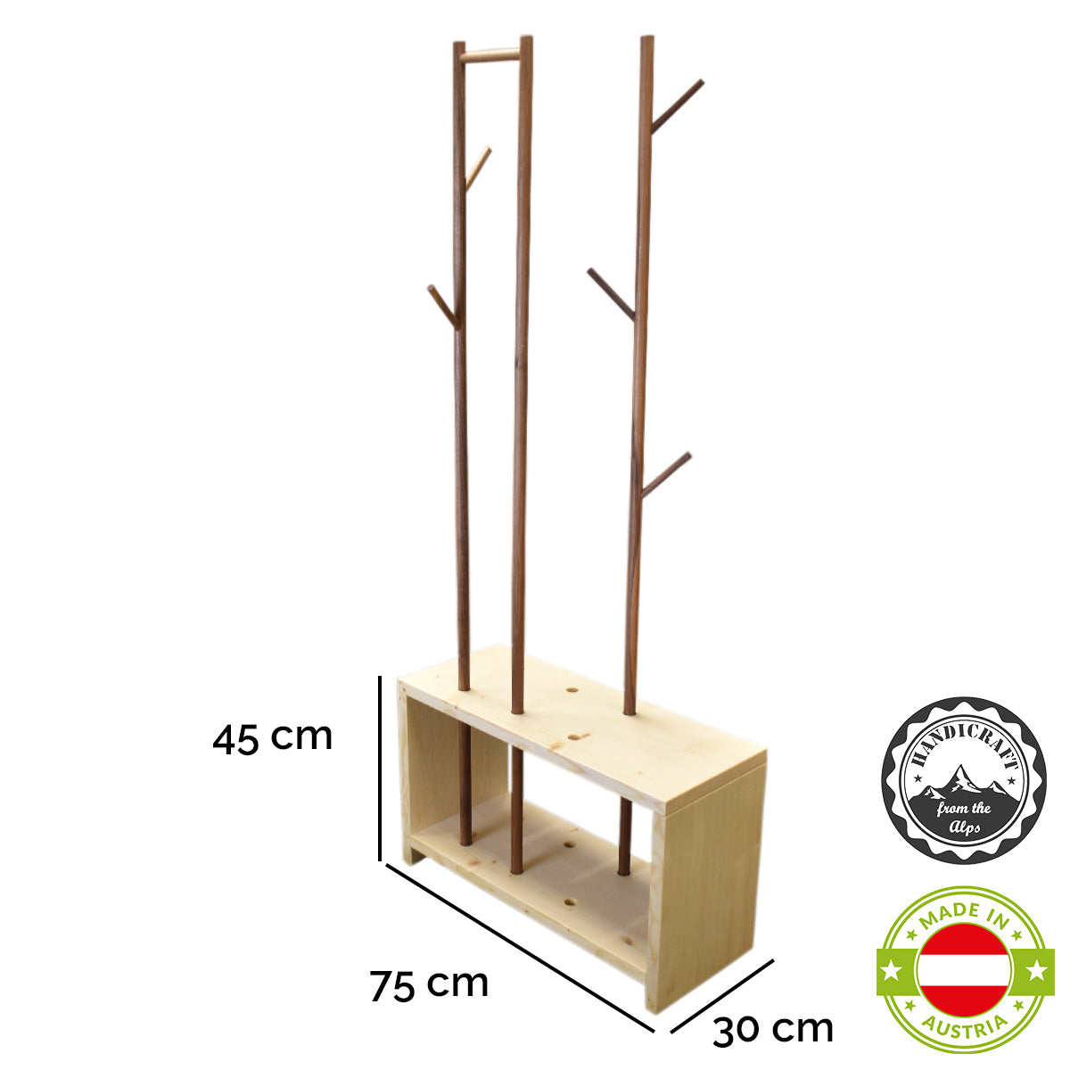 Garderobe 'MyStyle' - Small | L 75 x T 30 x H 45 cm | Fichte |  3 cm |  3 Stangen  verschiedenen Ästen Nuss