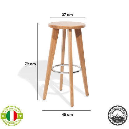 Massivholz Barhocker 'Allrounder' | DM 45 x H 79 cm | Buche lackiert | Fußring verchromt