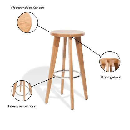 Massivholz Barhocker 'Allrounder' | DM 45 x H 79 cm | Buche lackiert | Fußring verchromt