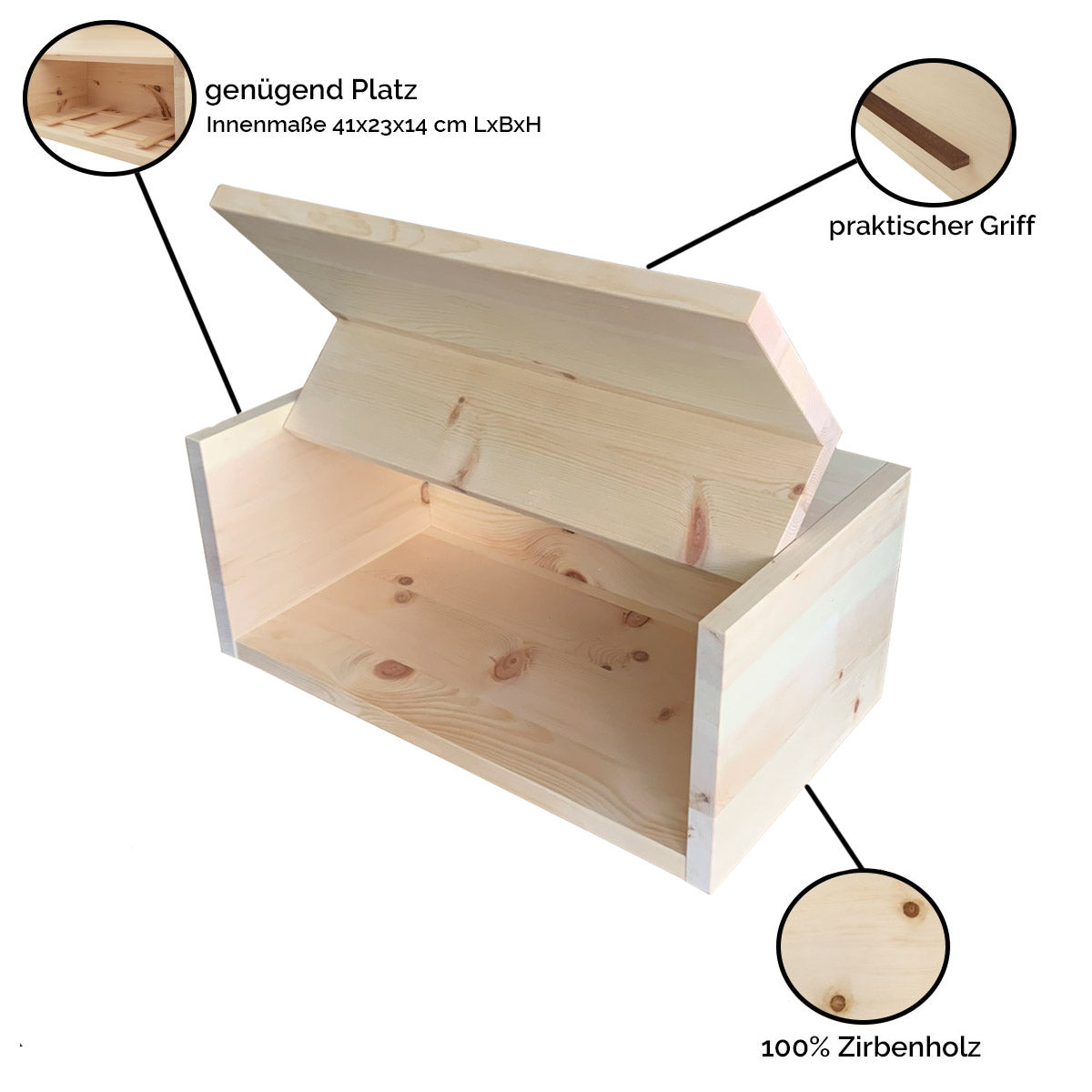 Brotkasten Zirbe | mit Nussgriff und Klappdeckel | 45 x 25 x 16 cm