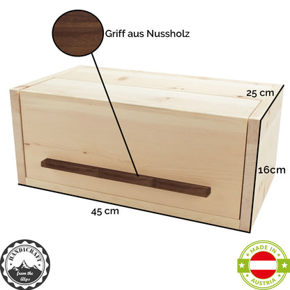 Brotkasten Zirbe | mit Nussgriff und Klappdeckel | 45 x 25 x 16 cm