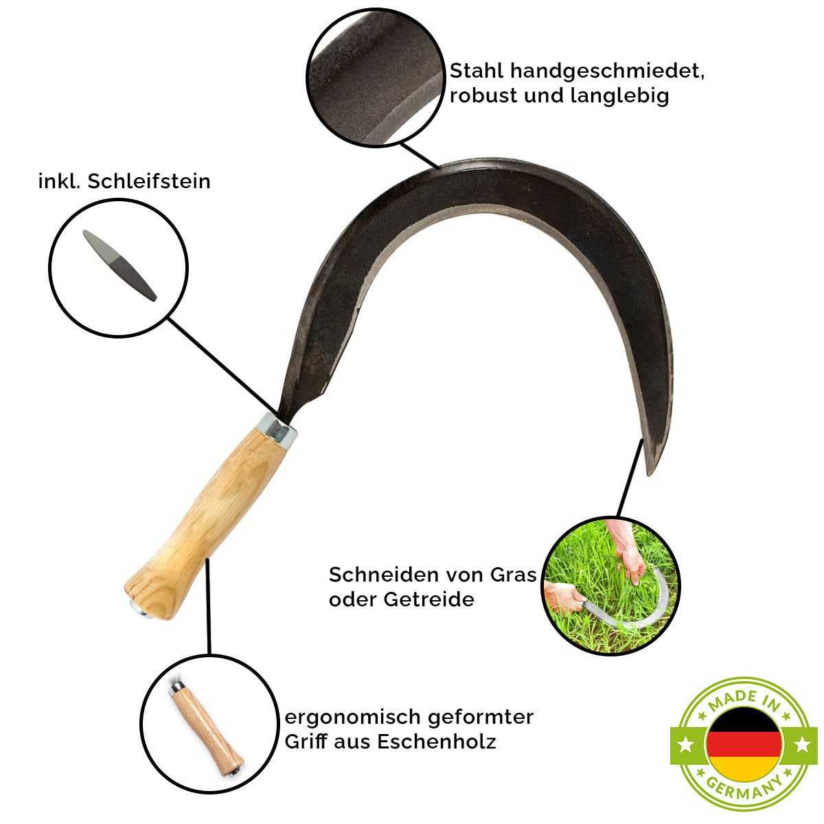Mondsichel 'Krafts' - handgeschmiedete Sichel rechtshänder 14 cm Eschenstiel