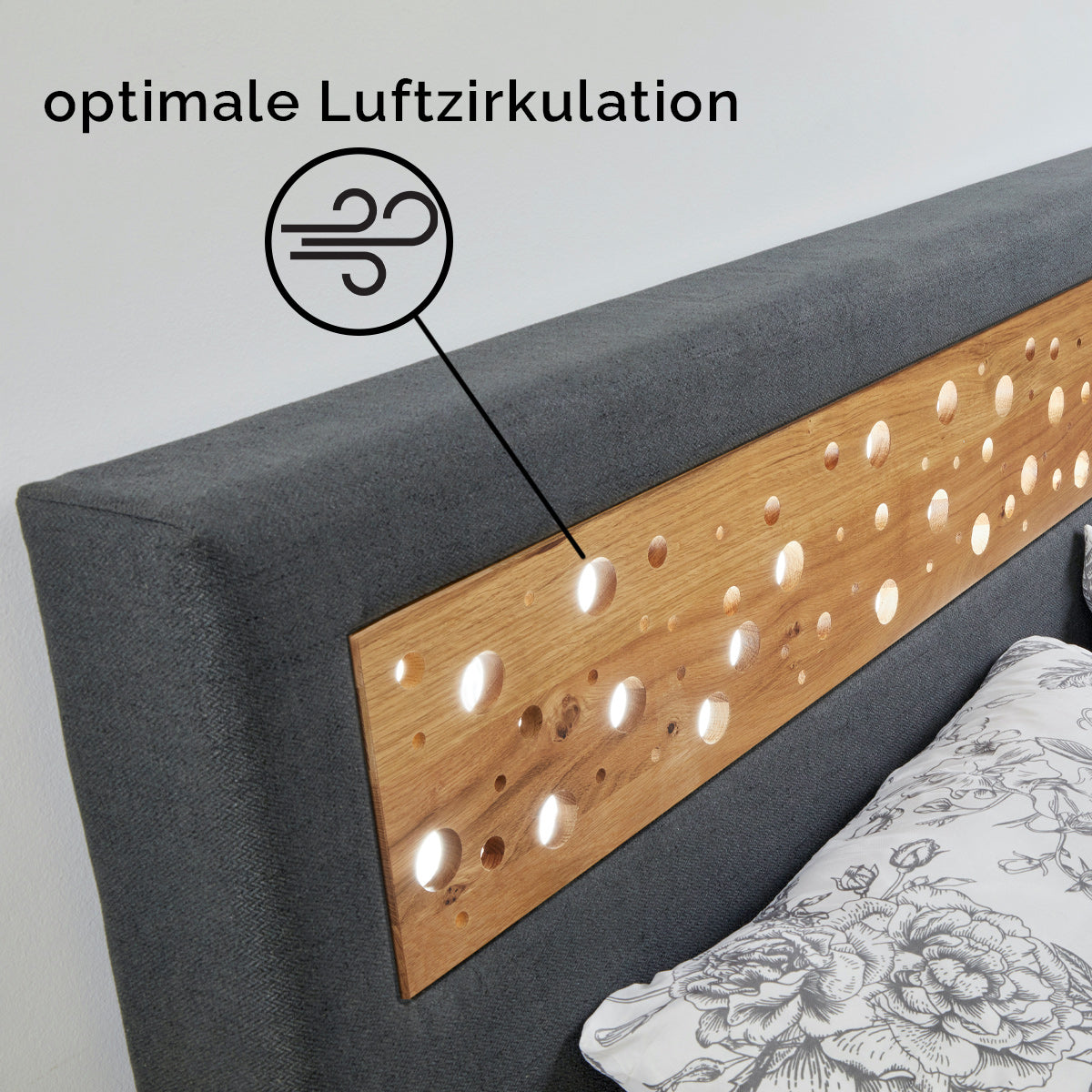 Bett 'Duftoase' Boxspring Optik | Duftkammern | Zirbe | B 120 x 200 cm | Anthrazit
