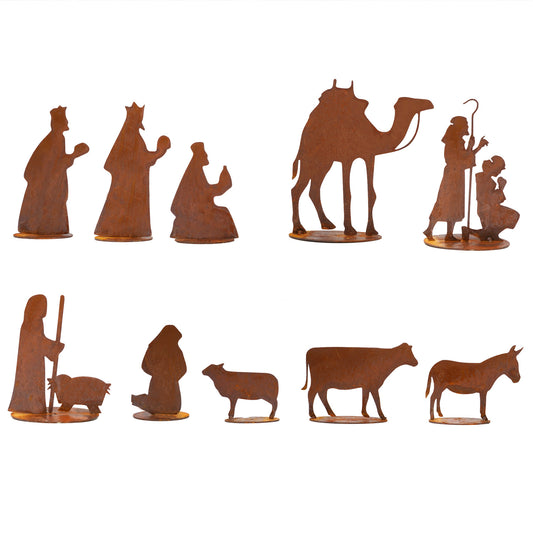 Weihnachts Krippe 'Bethlehem' im Set | LED Beleuchtung | 8  Figuren aus Edelrost | B 60 x T 50 x H 40 cm