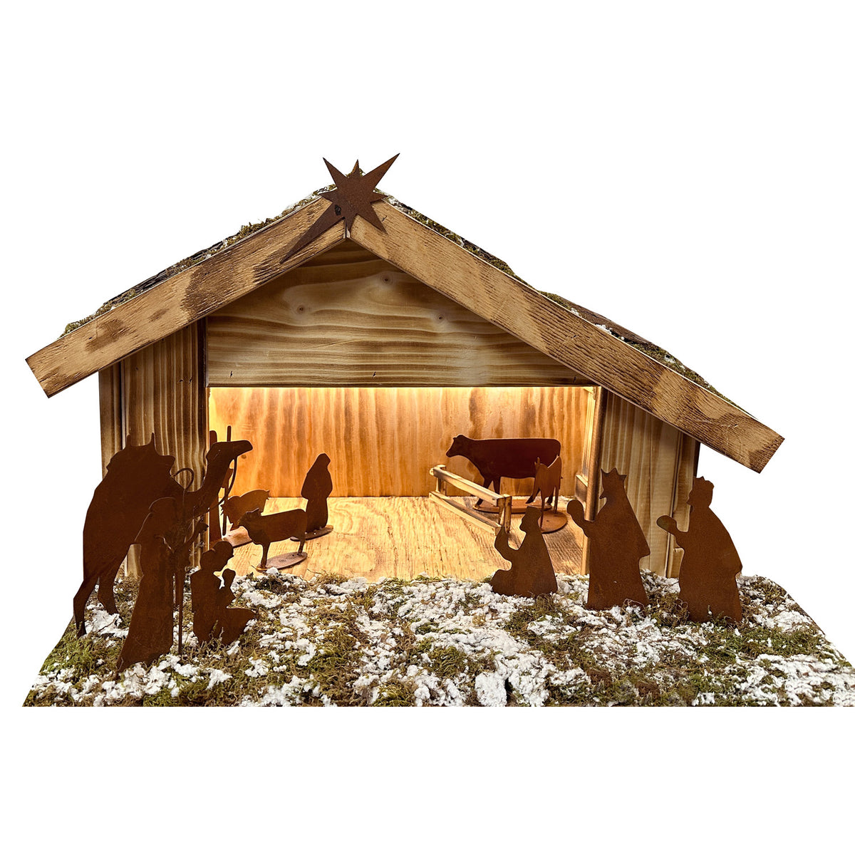 Weihnachts Krippe 'Bethlehem' im Set | LED Beleuchtung | 8  Figuren aus Edelrost | B 60 x T 50 x H 40 cm
