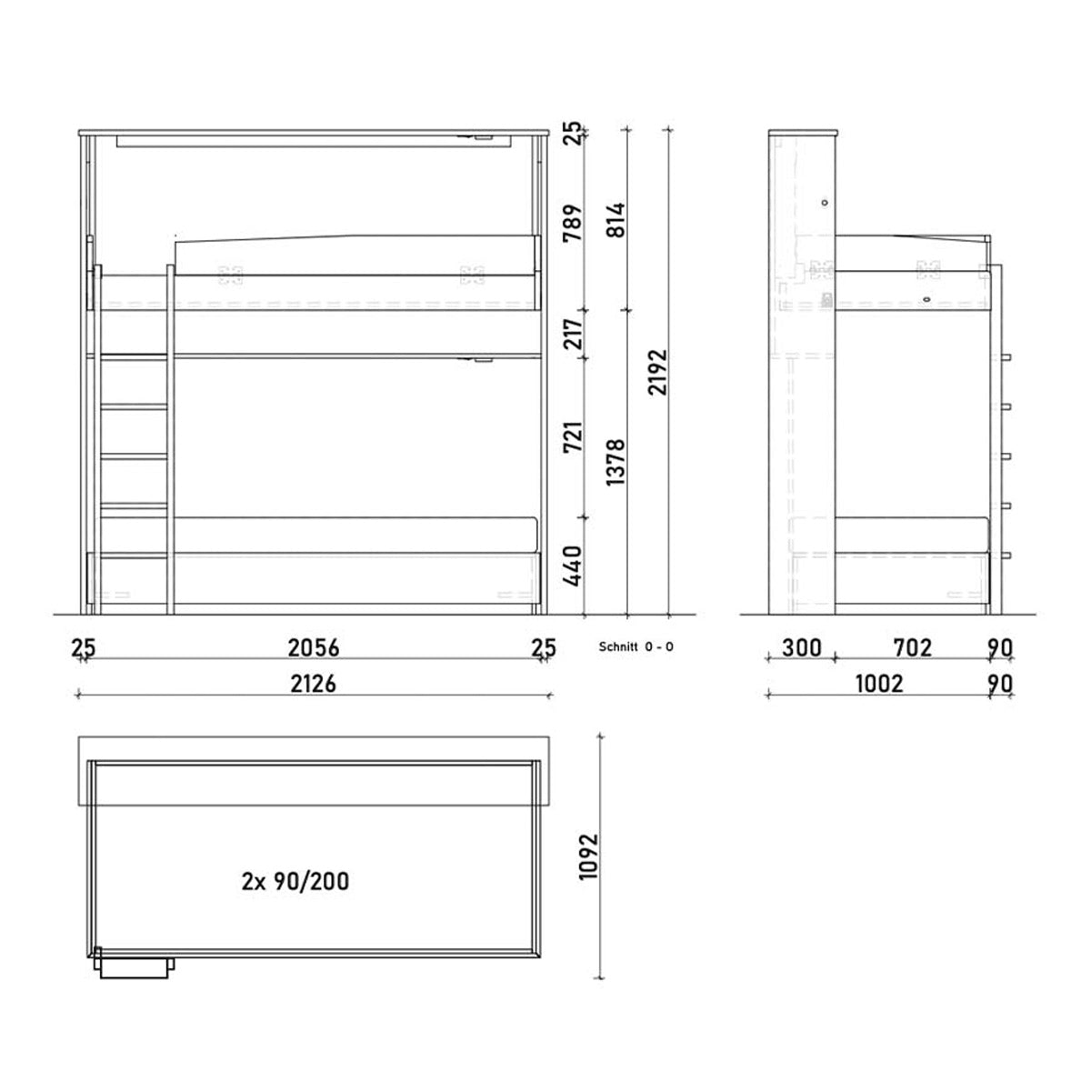 Gastro & Hotel - Multifunktionales Klappbett | Schrankbett | Stockbett Plano  |  80 x 190 cm | Eiche