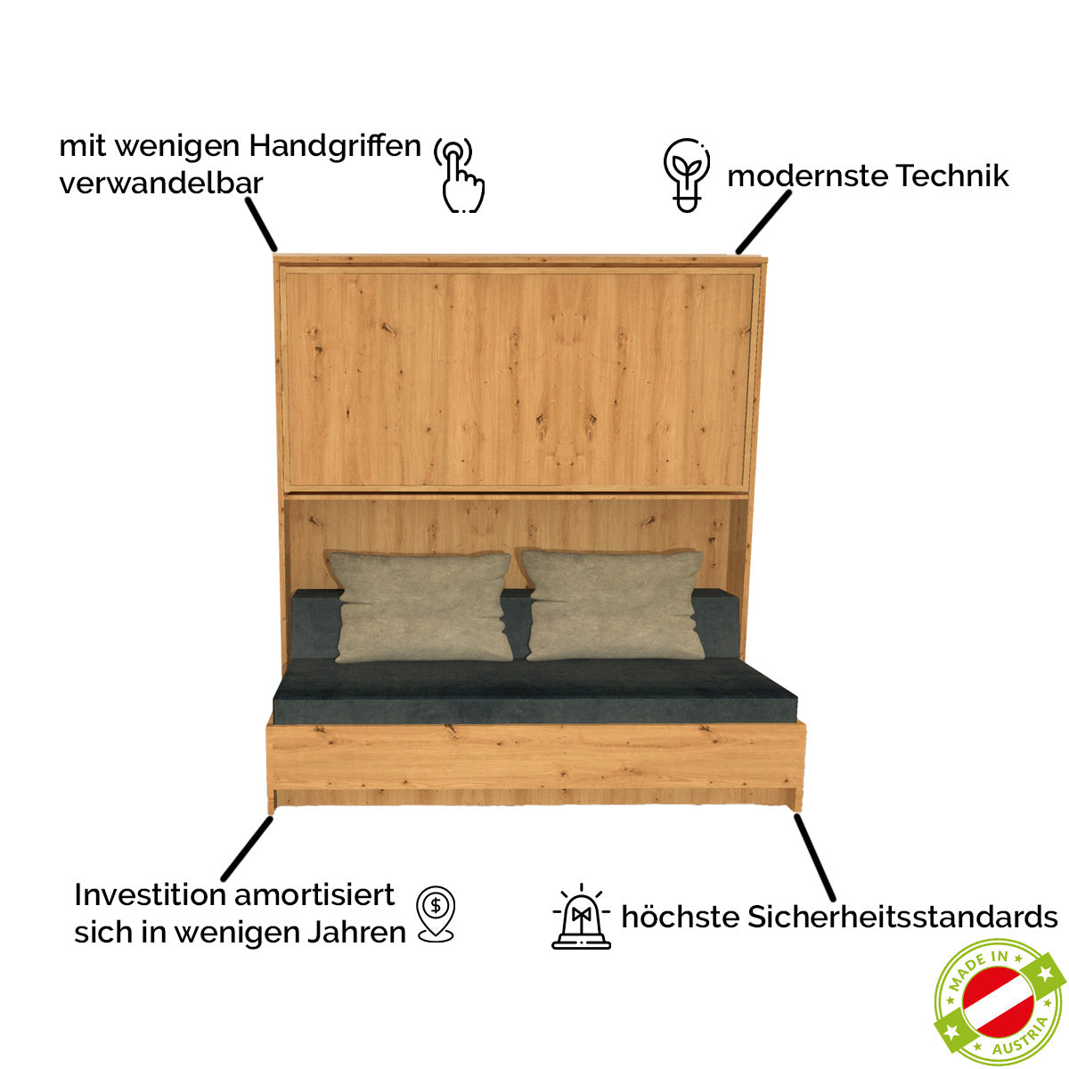 Gastro & Hotel - Multifunktionales Klappbett | Schrankbett | Stockbett Plano  |  80 x 190 cm | Eiche