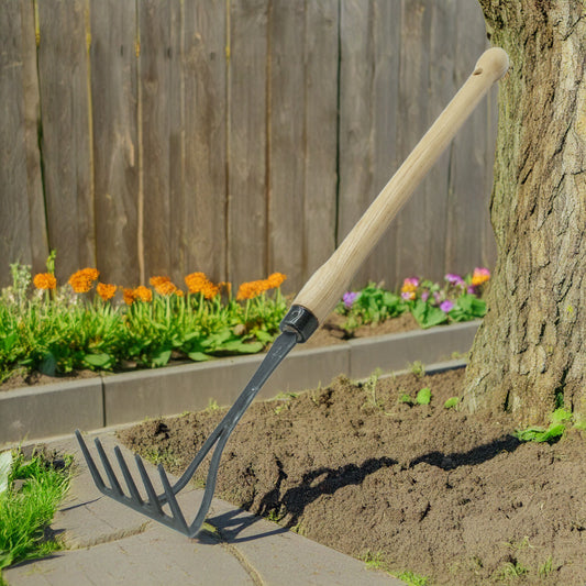 Bio-Handrechen | aus Schwedenstahl | mit 48 cm Eschen-Knopf-Stiel | handgeschmiedet in Deutschland
