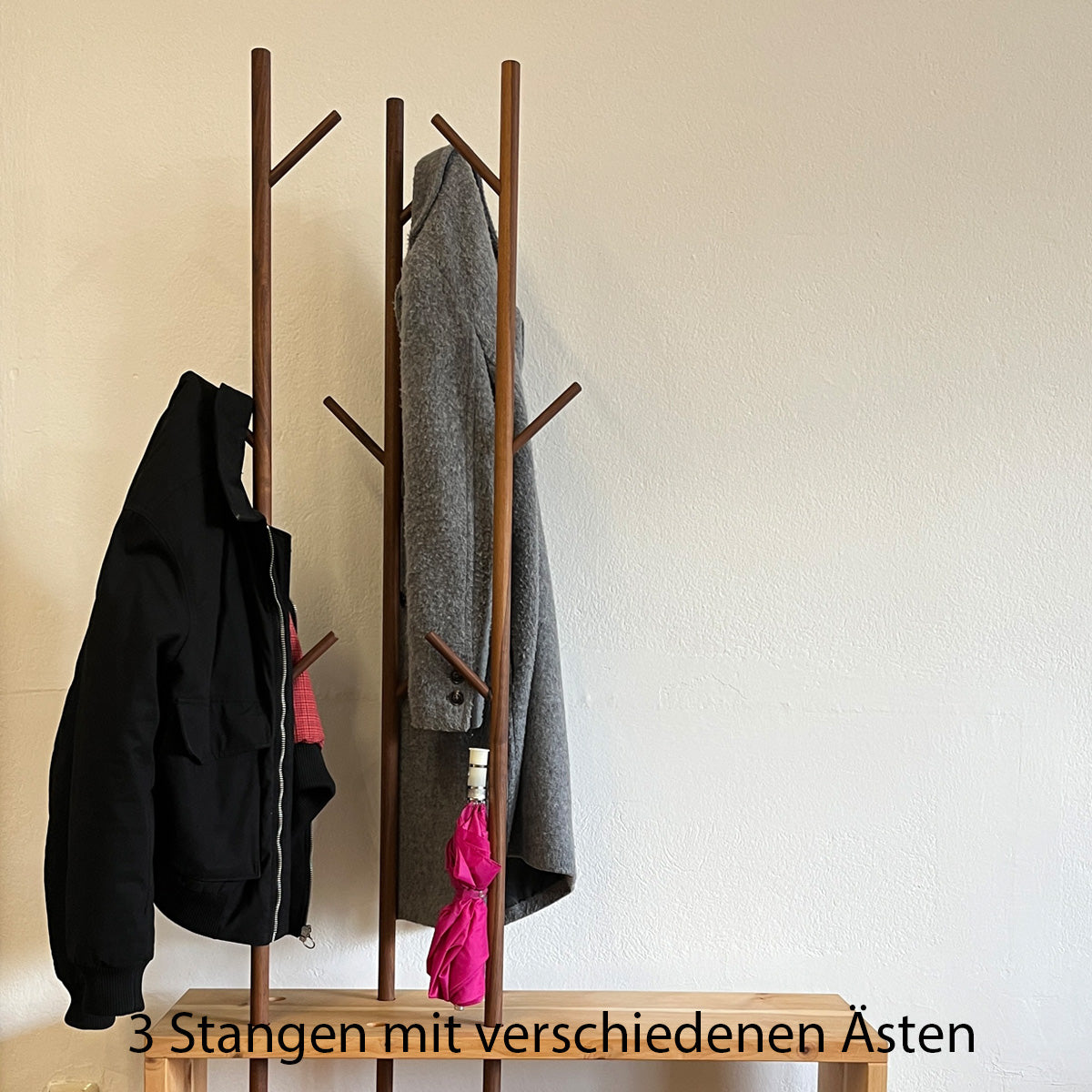 Garderobe 'MyStyle' - Medium | L 100 x T 30 x H 45 cm | Fichte |  3 cm |  3 Stangen  verschiedenen Ästen Nuss