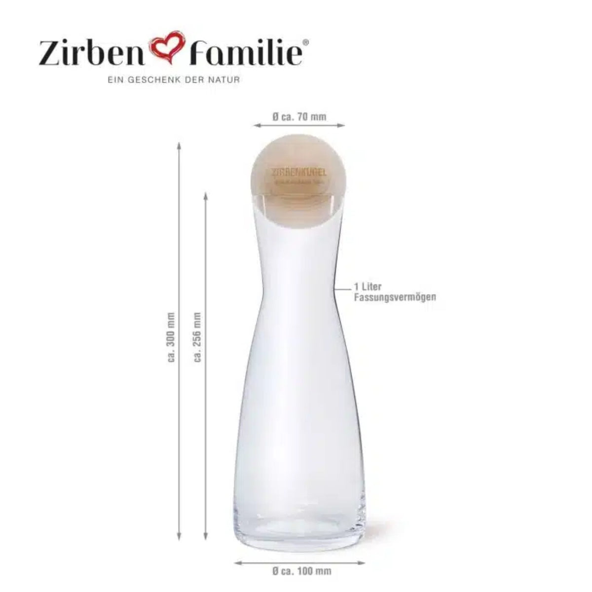 ZirbenKugel Set "ZirbenKugel by ZirbenFamilie" | 1 l Glaskaraffe + Zirbenkugel DM 7 cm