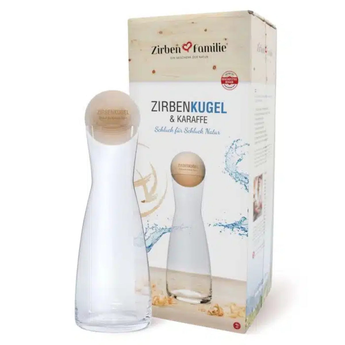 ZirbenKugel Set "ZirbenKugel by ZirbenFamilie" | 1 l Glaskaraffe + Zirbenkugel DM 7 cm