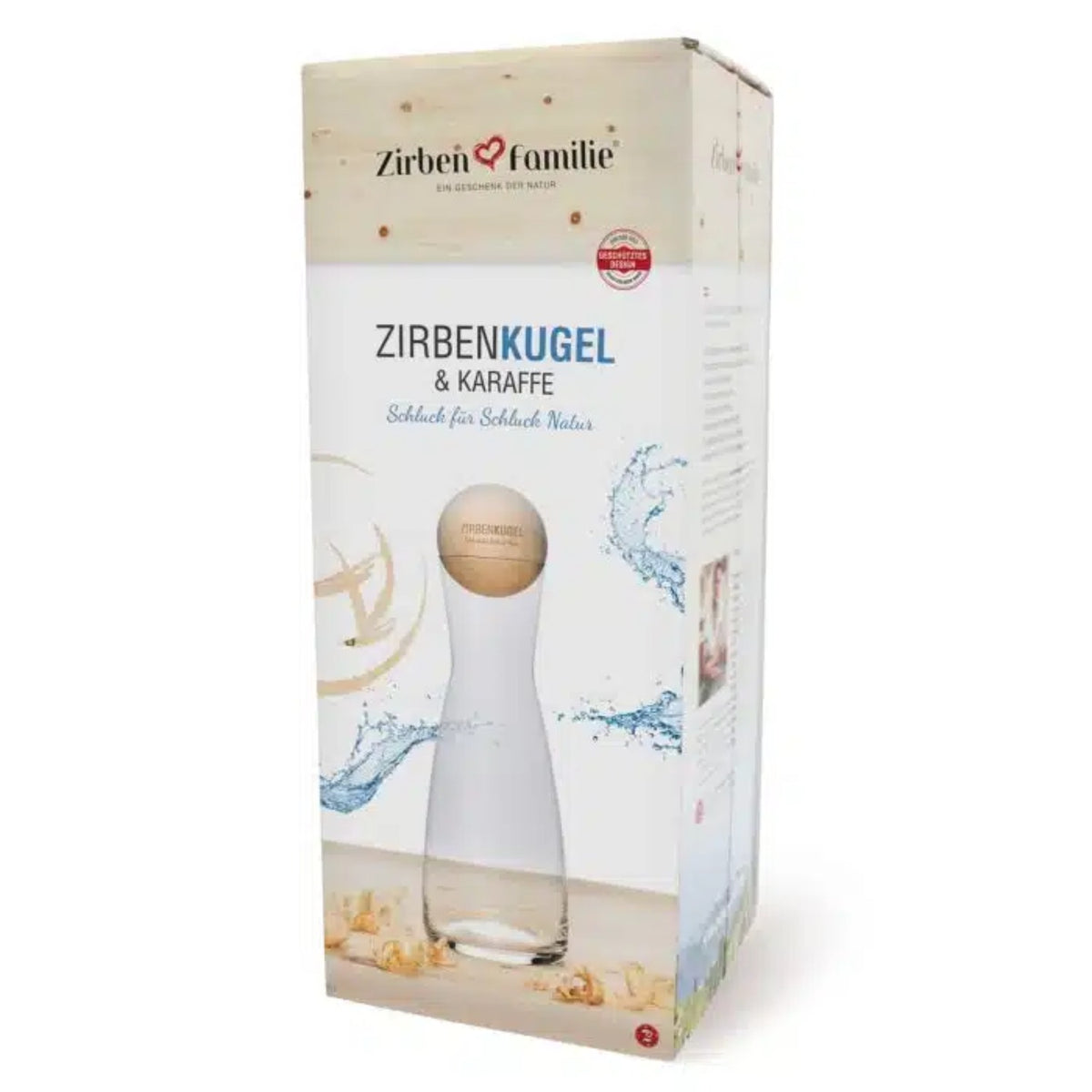 ZirbenKugel Set "ZirbenKugel by ZirbenFamilie" | 1 l Glaskaraffe + Zirbenkugel DM 7 cm