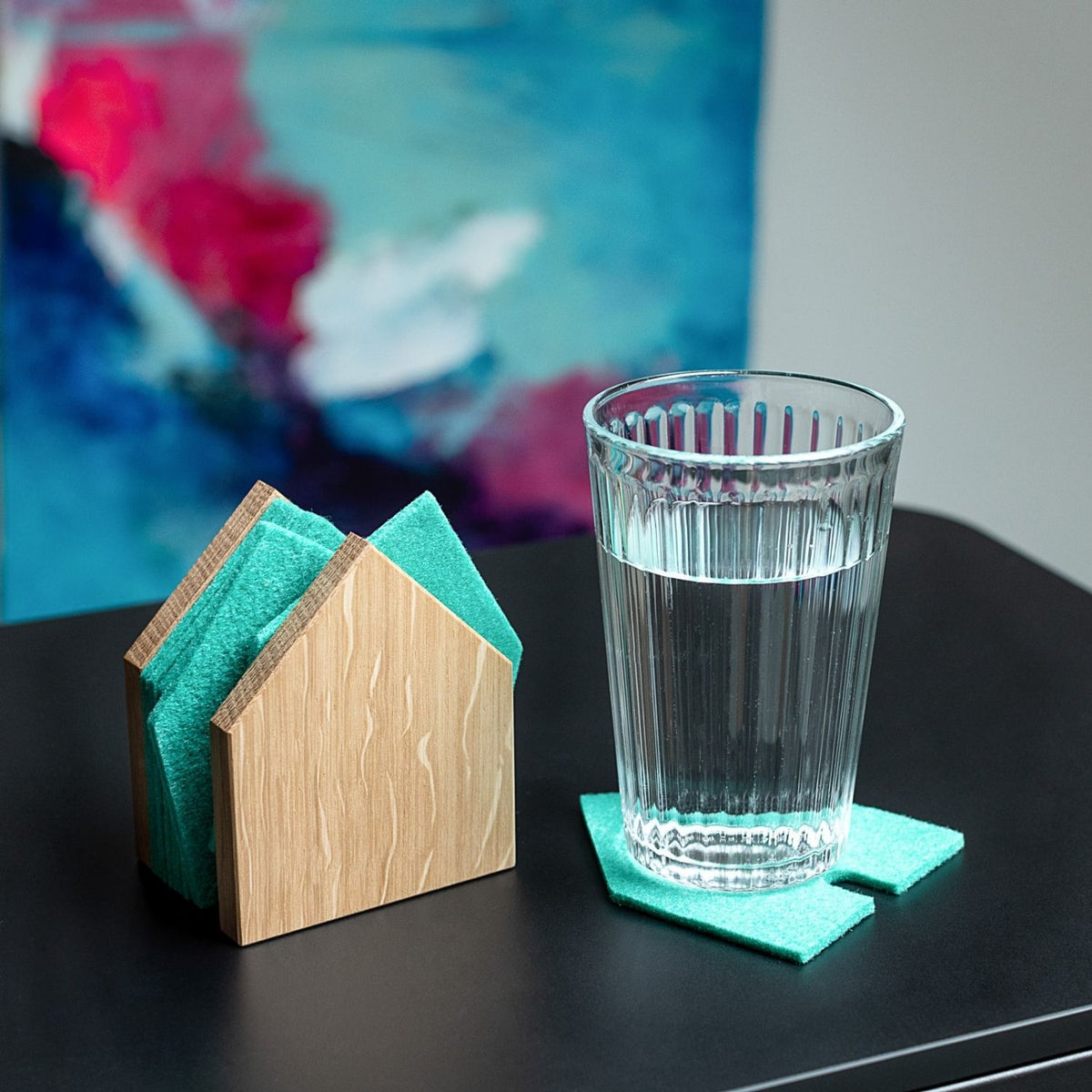 Glasuntersetzer 'Gasthaus' | 8 Stück | Anthrazit | Eiche, recycelter PET-Filz | B 7 x T 9 x H 11,5 cm