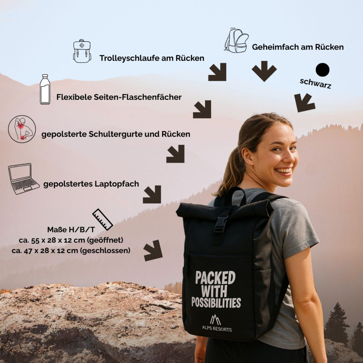 ALPS RESORTS Roll-up-Rucksack | 55 x 28 x 12 cm | flexibler Rollverschluß | aus recyceltem PET