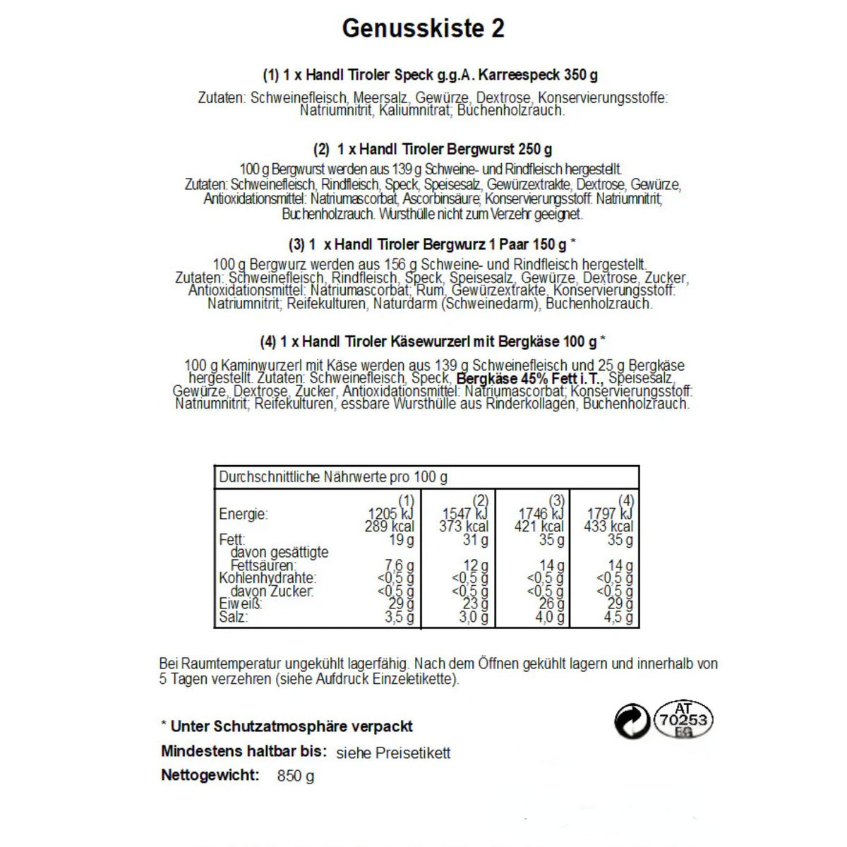 Genusskiste 'Koriander' | Speck,  Würste | 850 g | Holzkiste