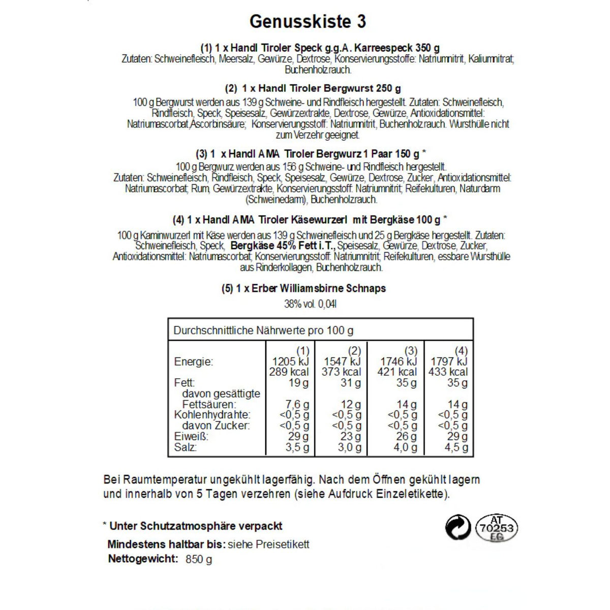 Genusskiste 'Piment' | Speck,  Würste, Schnaps | 850 g + 0,04 l | Holzkiste
