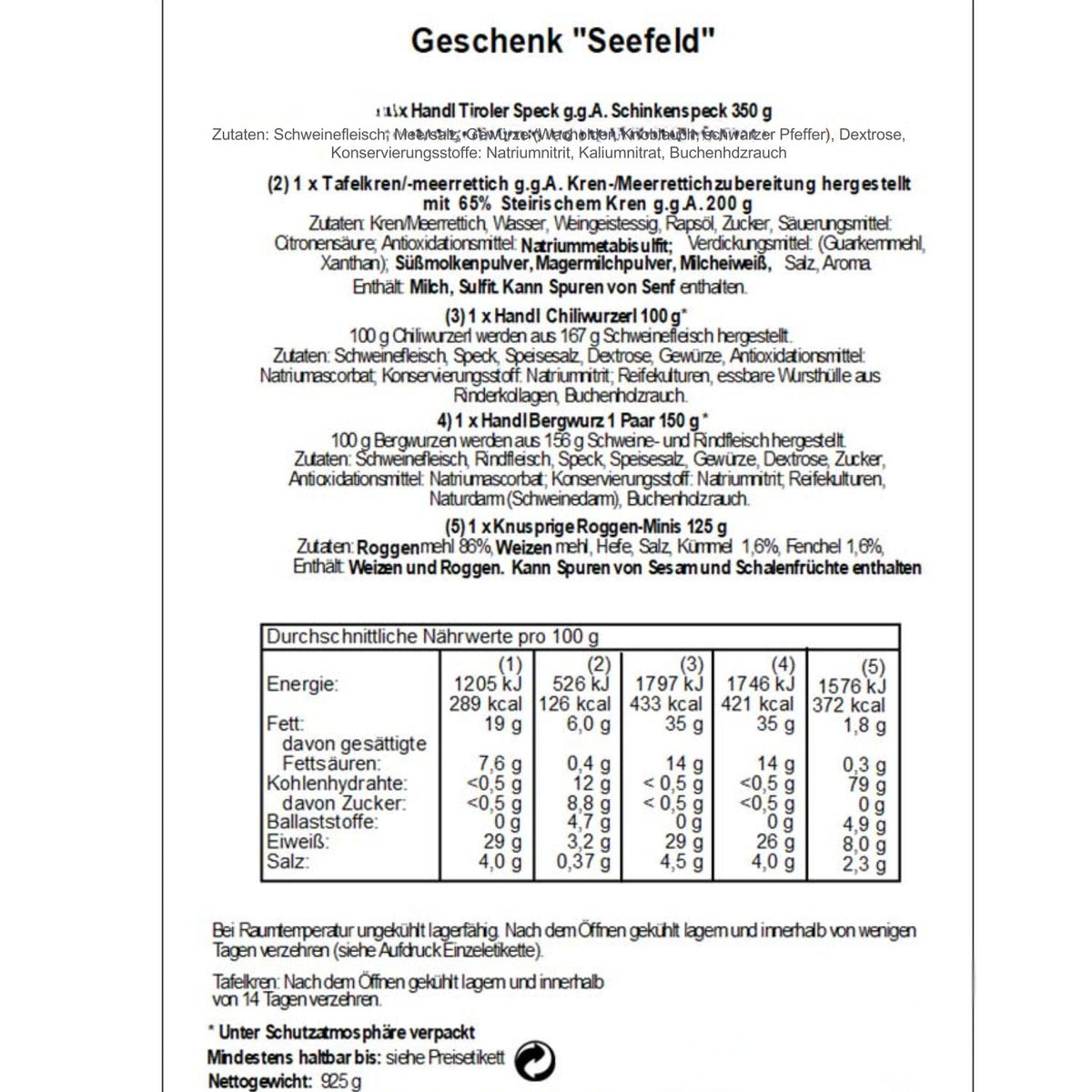 Genusspaket 'Seefeld' | Speck, Würste, Schüttelbrot, Kren | 925 g | Geschenkskorb