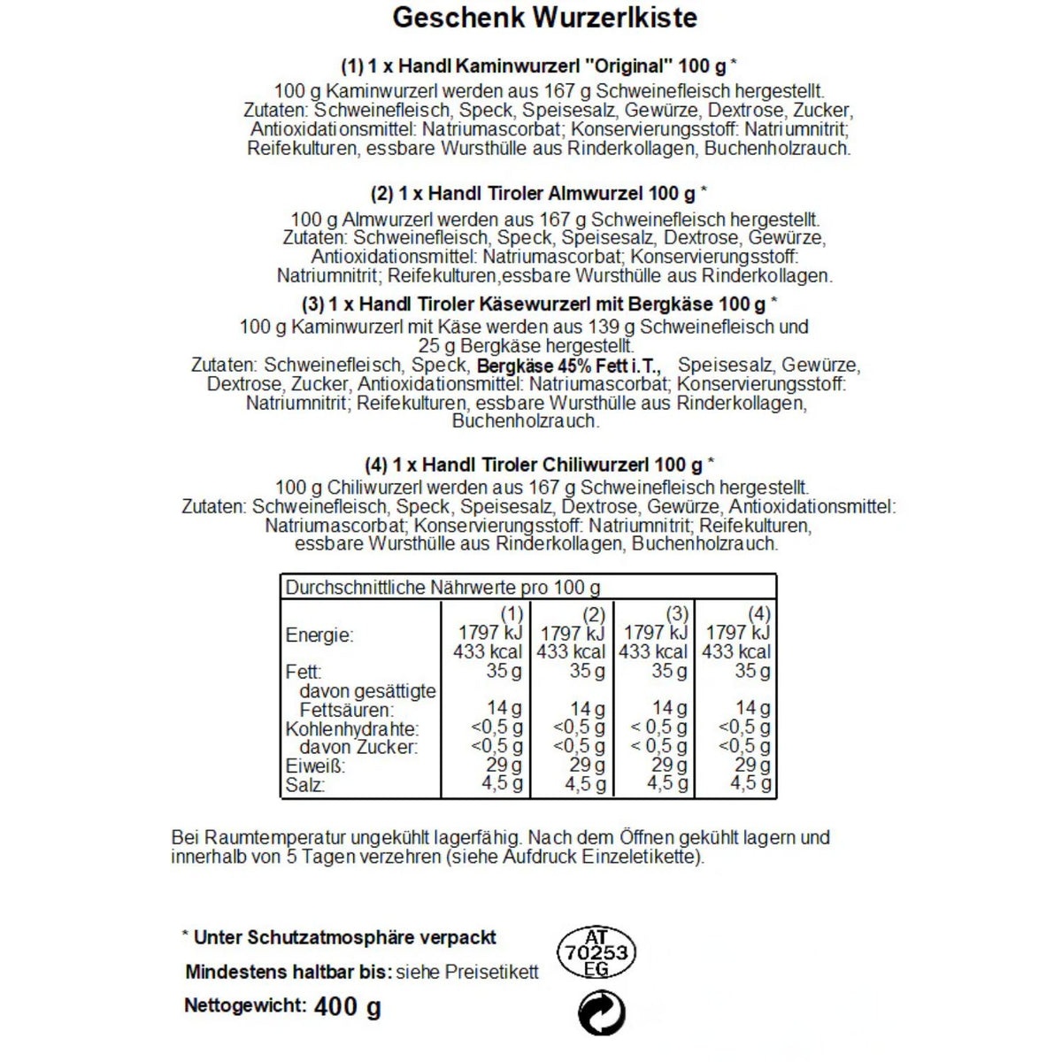 Wurzerlkiste | 4  Würste | 400 g | Holzkiste