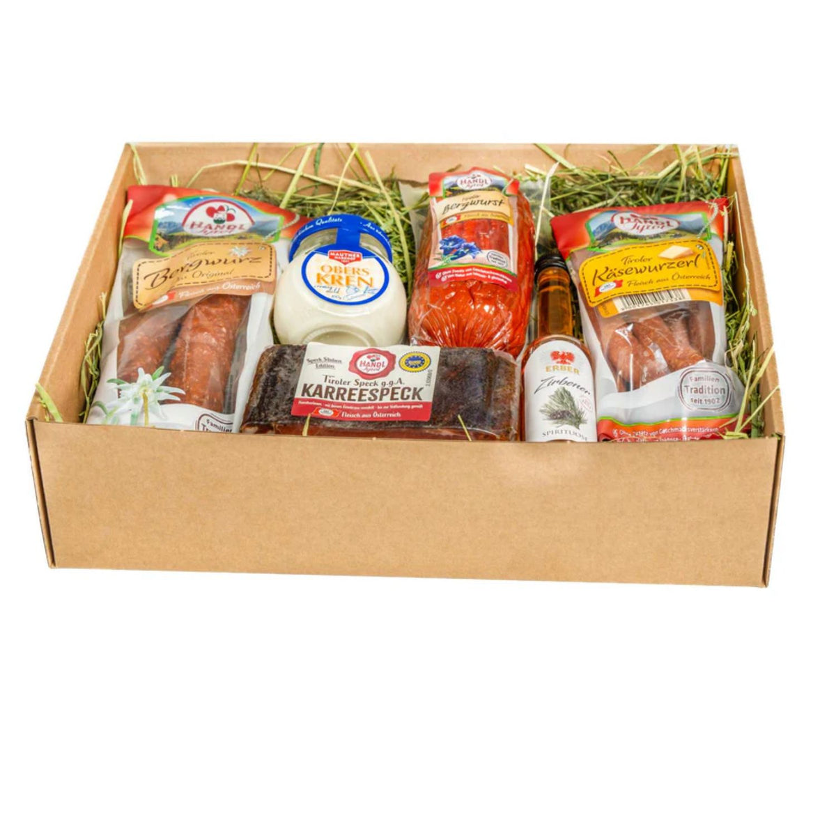 Genussbox 'Kren' | Speck,  Würste, Schnaps, Kren | 950 g x 0,04 l | Geschenkskarton