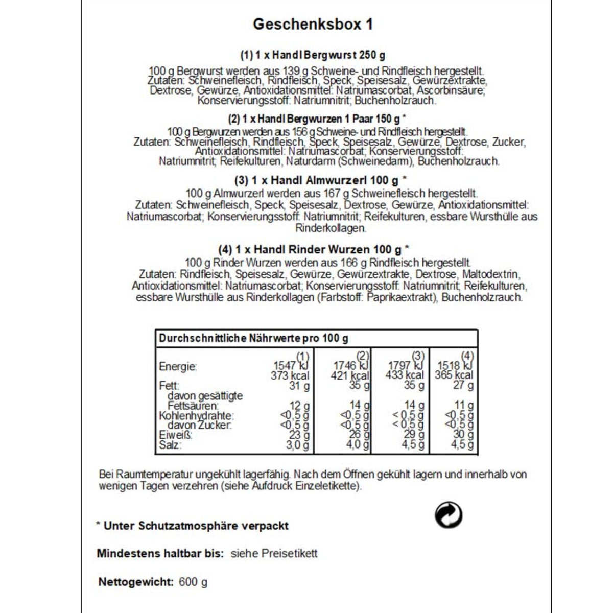 Genussbox 'Salz' | 4  Würste | 600 g | Geschenkskarton