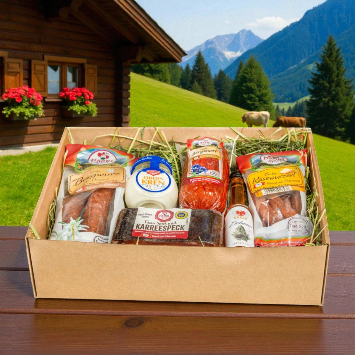 Genussbox 'Kren' | Speck,  Würste, Schnaps, Kren | 950 g x 0,04 l | Geschenkskarton