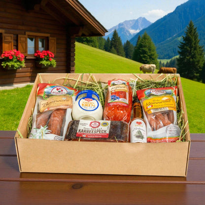 Genussbox 'Kren' | Speck,  Würste, Schnaps, Kren | 950 g x 0,04 l | Geschenkskarton