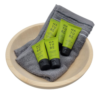 Set 'Kleine Pflegeschmeichler' | 5xTeaster Lemon Blam 30 ml | Zirbenschale 25,4 cm | Gästetuch grau