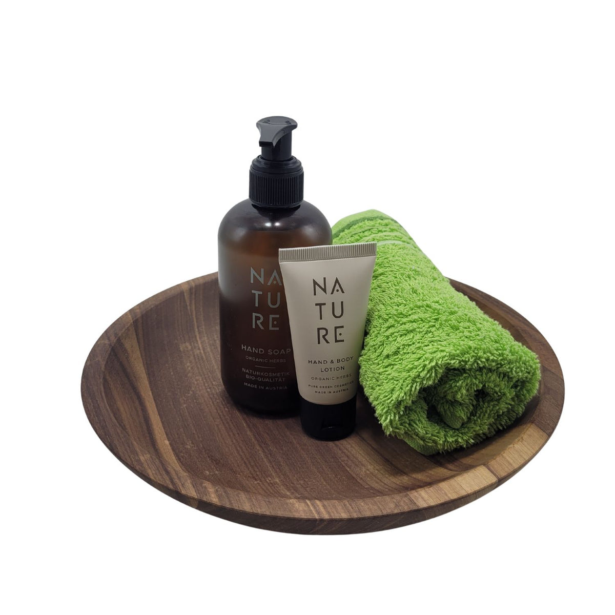 Set 'Organic Herbs' | Handseife | Hand & Body Lotion | Schale Nussholz | Gästehandtuch | Made in Austria and Europe
