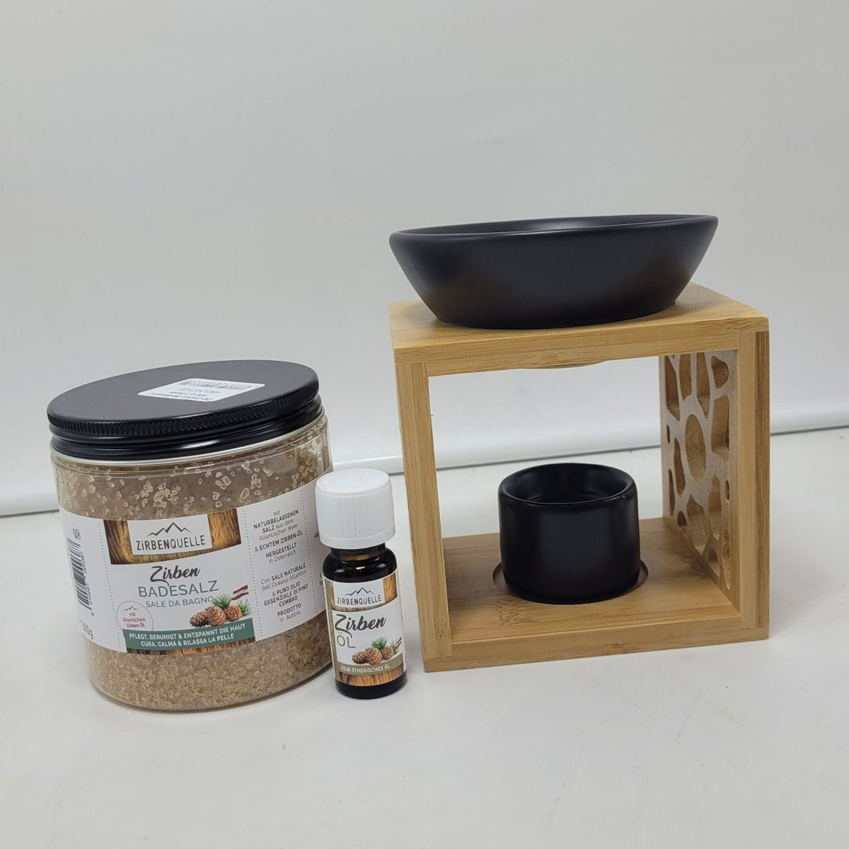 Set 'Zirbenwellness & Lichterzauber' | Duftlampe 'Bambuswald' | ZQ-Öl | ZQ Badesalz