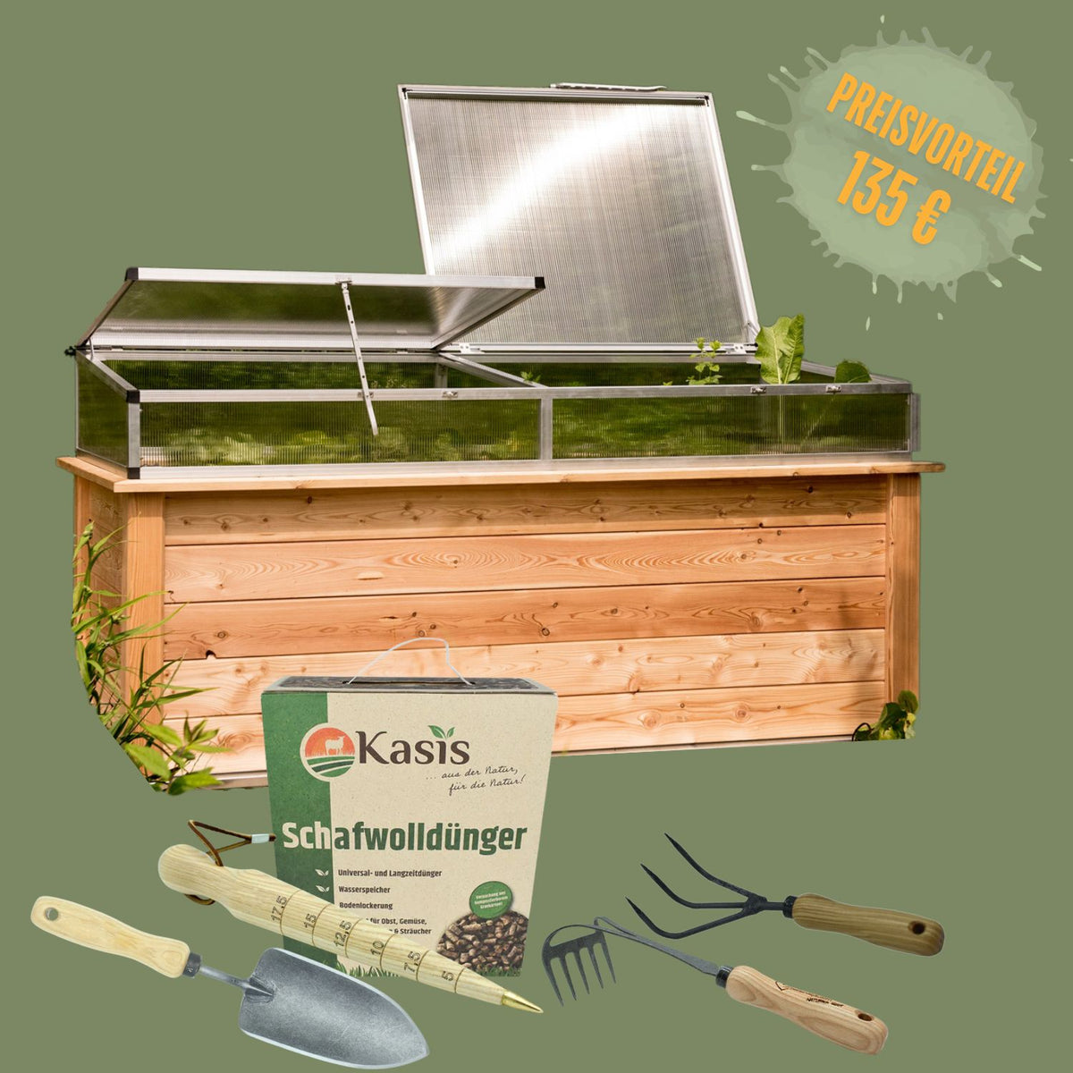 Set Hochbeet 'Alles für den Start' | 206 | mit Frühbeetaufsatz | Lärche | Gartengeräte+Dünger