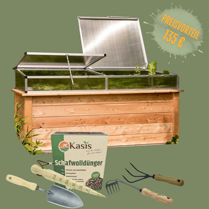 Set Hochbeet 'Alles für den Start' | 206 | mit Frühbeetaufsatz | Lärche | Gartengeräte+Dünger
