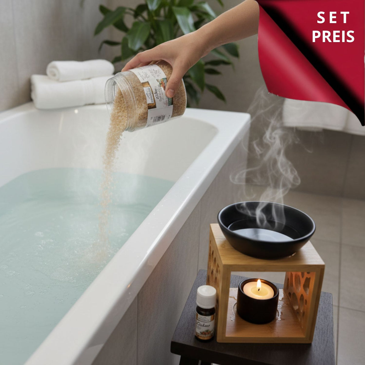 Set 'Zirbenwellness & Lichterzauber' | Duftlampe 'Bambuswald' | ZQ-Öl | ZQ Badesalz