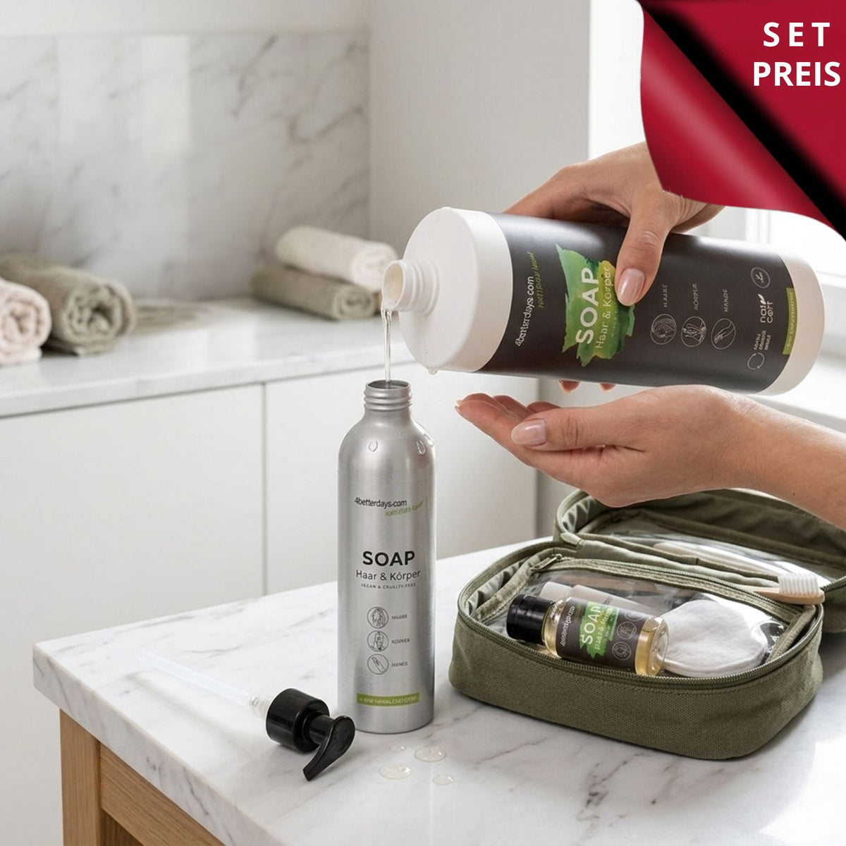 Pflege-Set Seifen | 30 ml + 250 ml + 1 L | 3-teilig | für Körper, Haar & Hand  | Pure Green