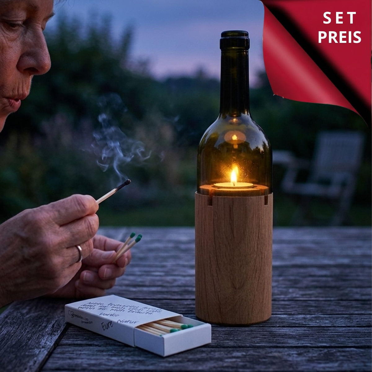 Set aus Windlicht 'Windy' grün und  Zündhölzern