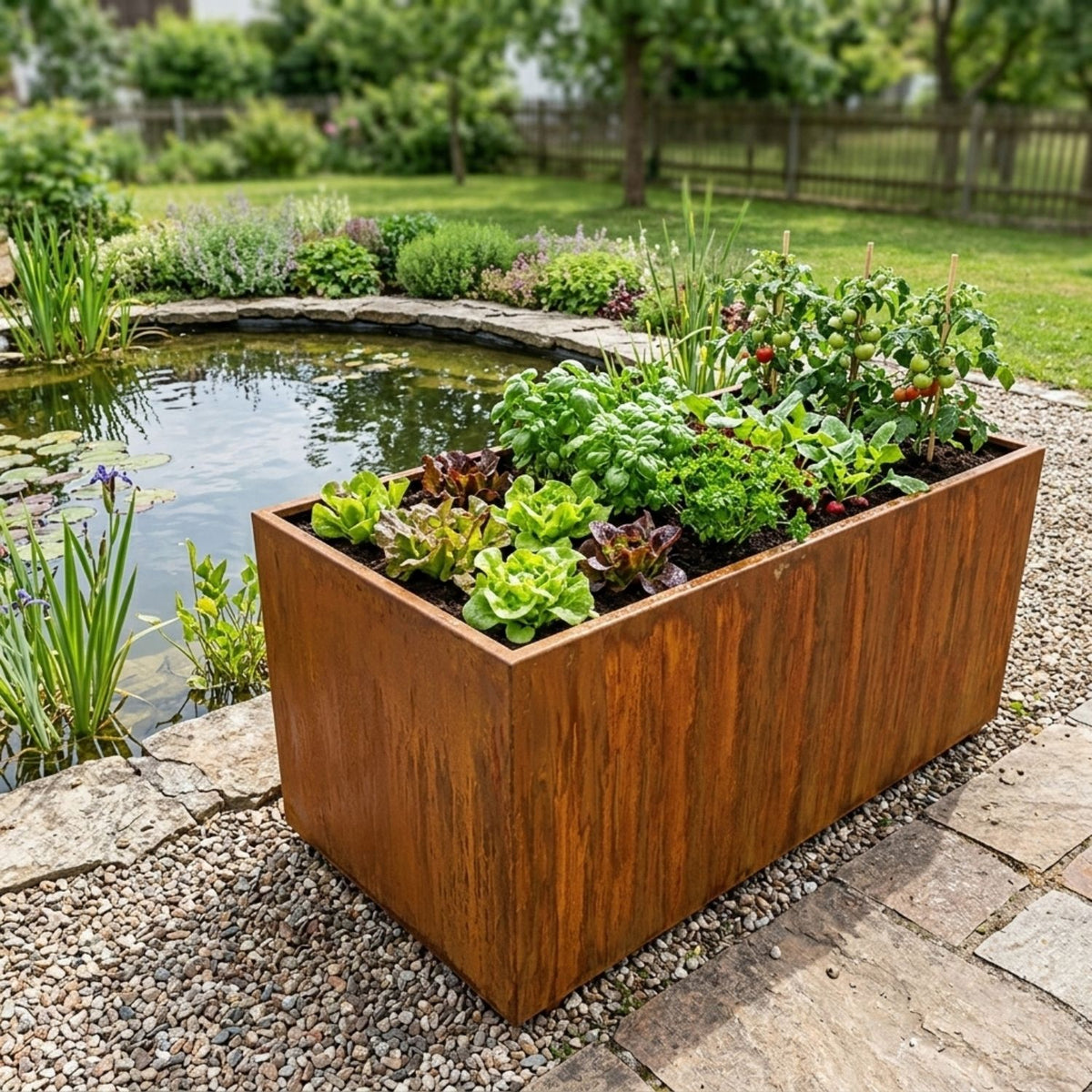 Hochbeet / Pflanztrog 'Industrial Look' aus Edelrost | Zwischenboden | B 125 x T 50 x H 60 cm