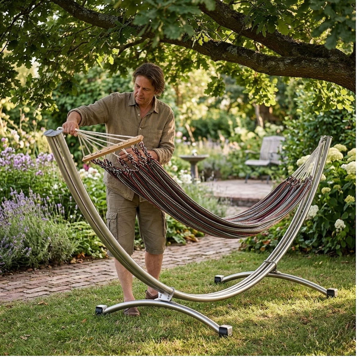 Einzel-Hängemattengestell 'Irony Split 310' auf Rollen | L 310 x B 103 x H 110 cm | zerlegbar | aus poliertem Edelstahl