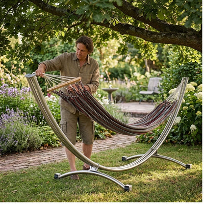 Einzel-Hängemattengestell 'Irony Split 310' auf Rollen | L 310 x B 103 x H 110 cm | zerlegbar | aus poliertem Edelstahl